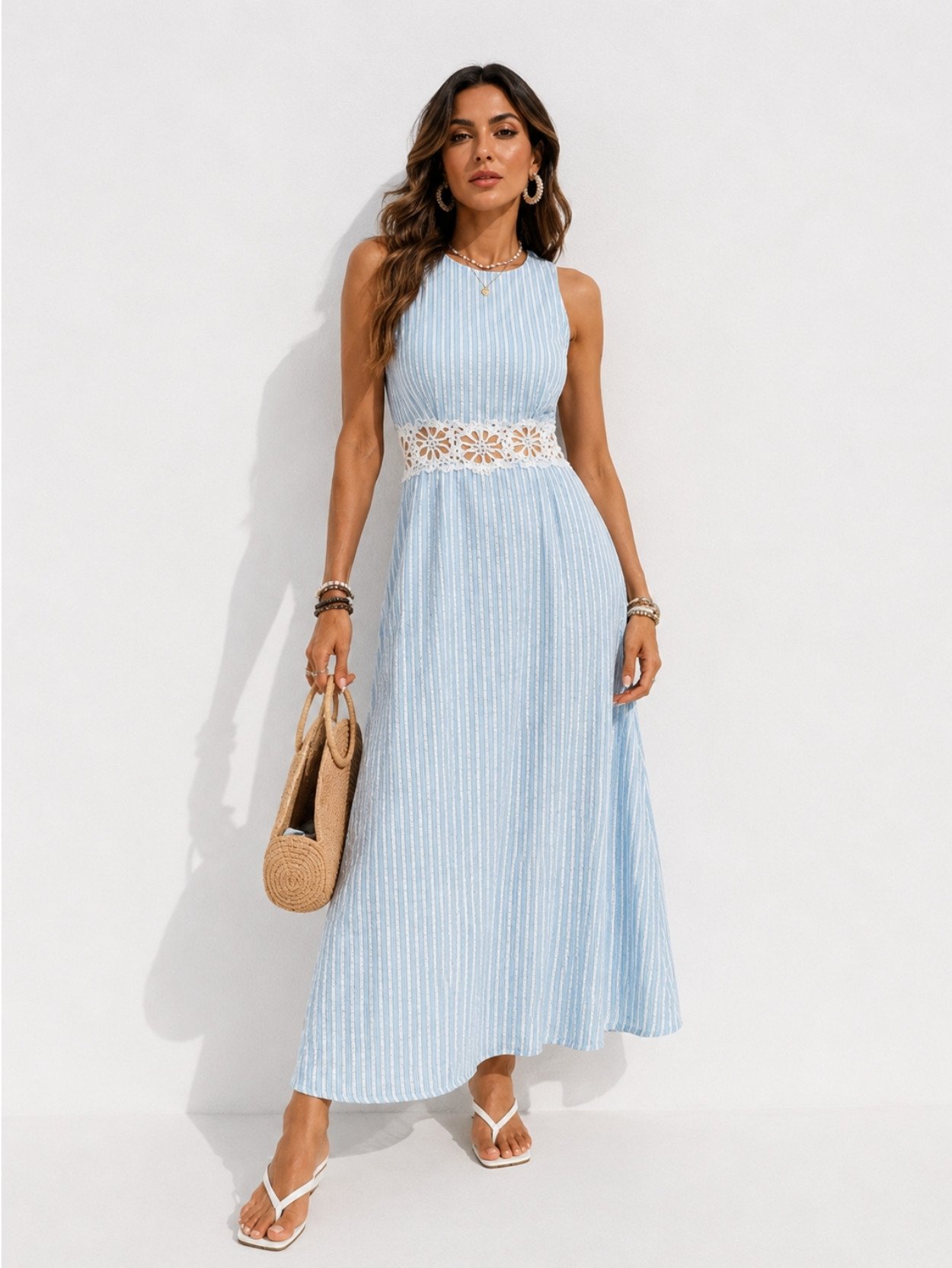 Light Blue Pleated Lace Waist Maxi Dress SK61719