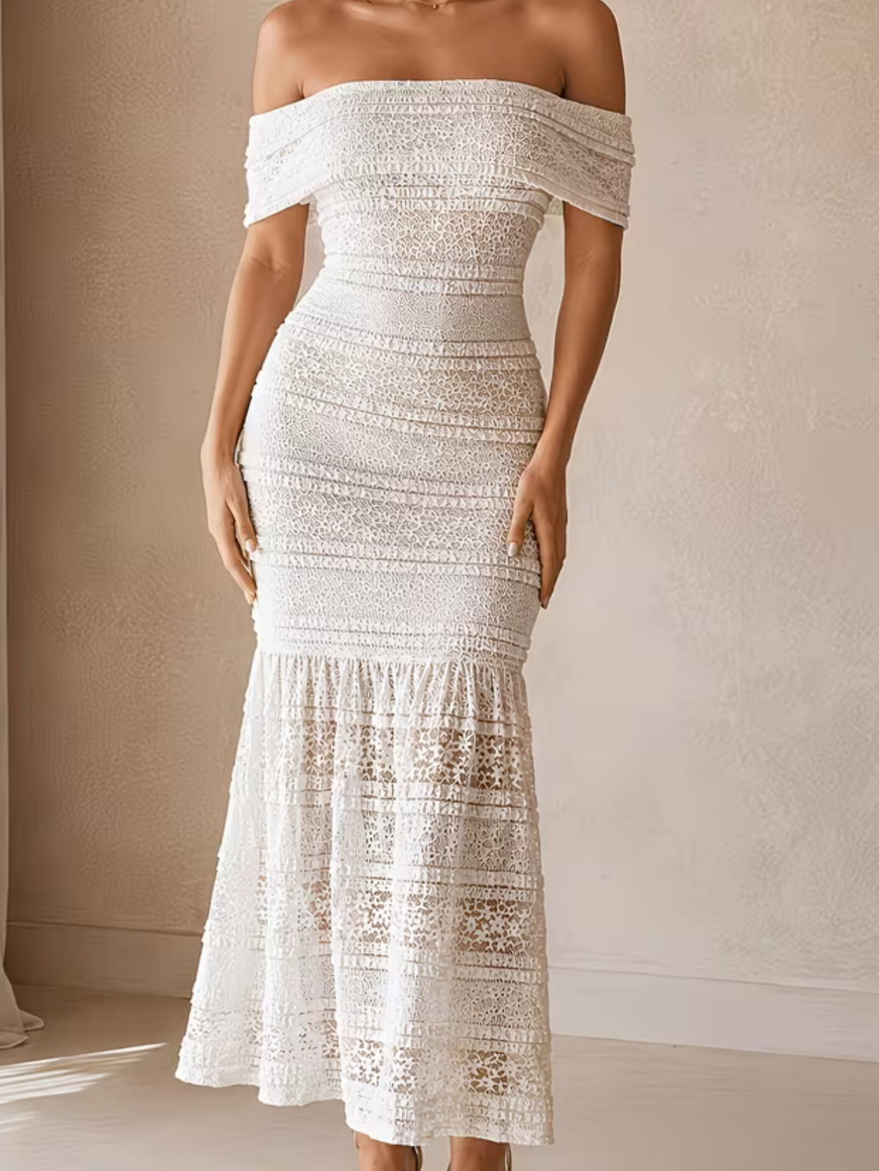 White Off Shoulder Lace Mermaid Maxi Dress SK61843 - Image 3
