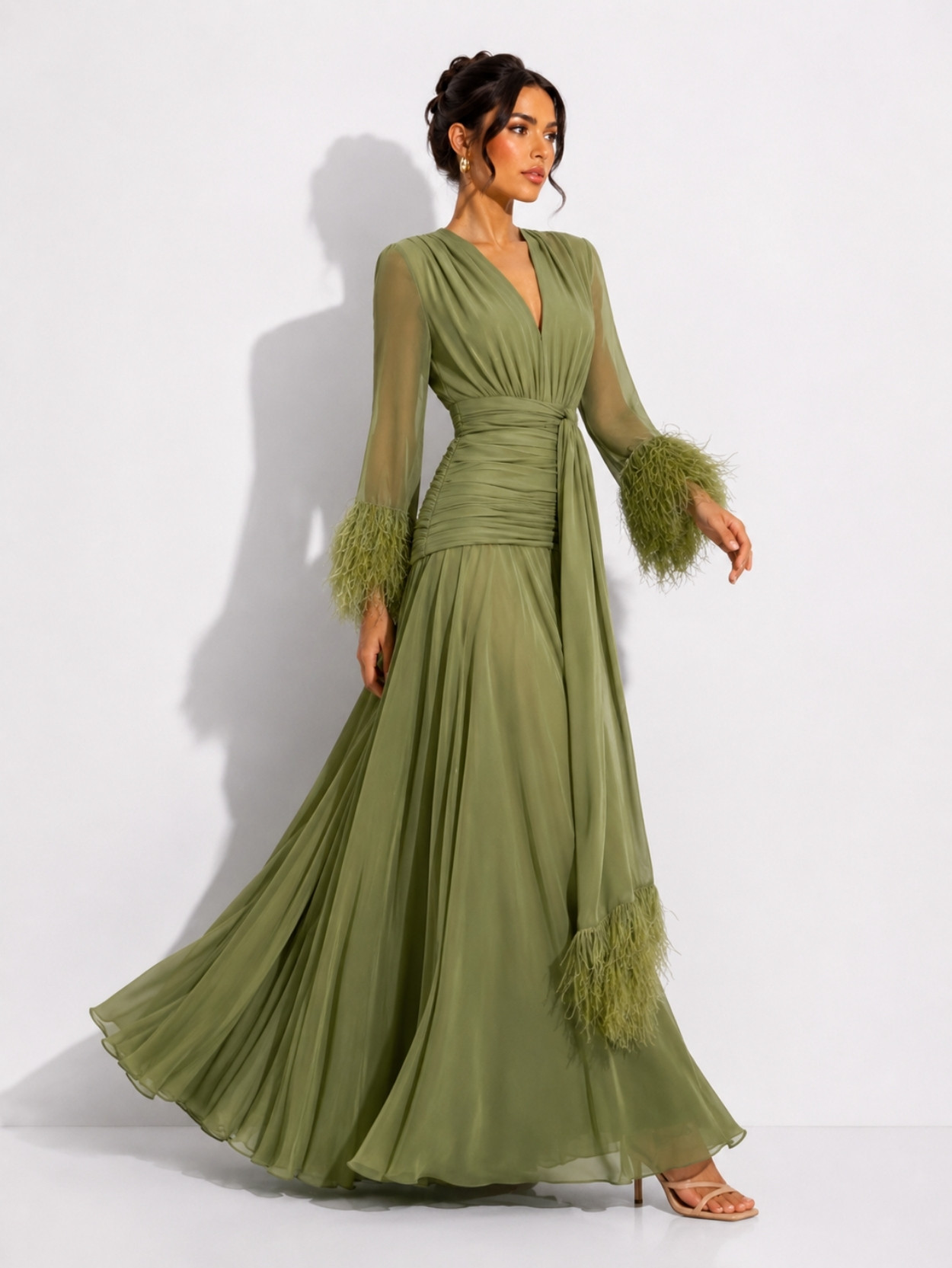 Olive Green Feather Cuff Chiffon Evening Maxi Dress SK61958 - Image 3