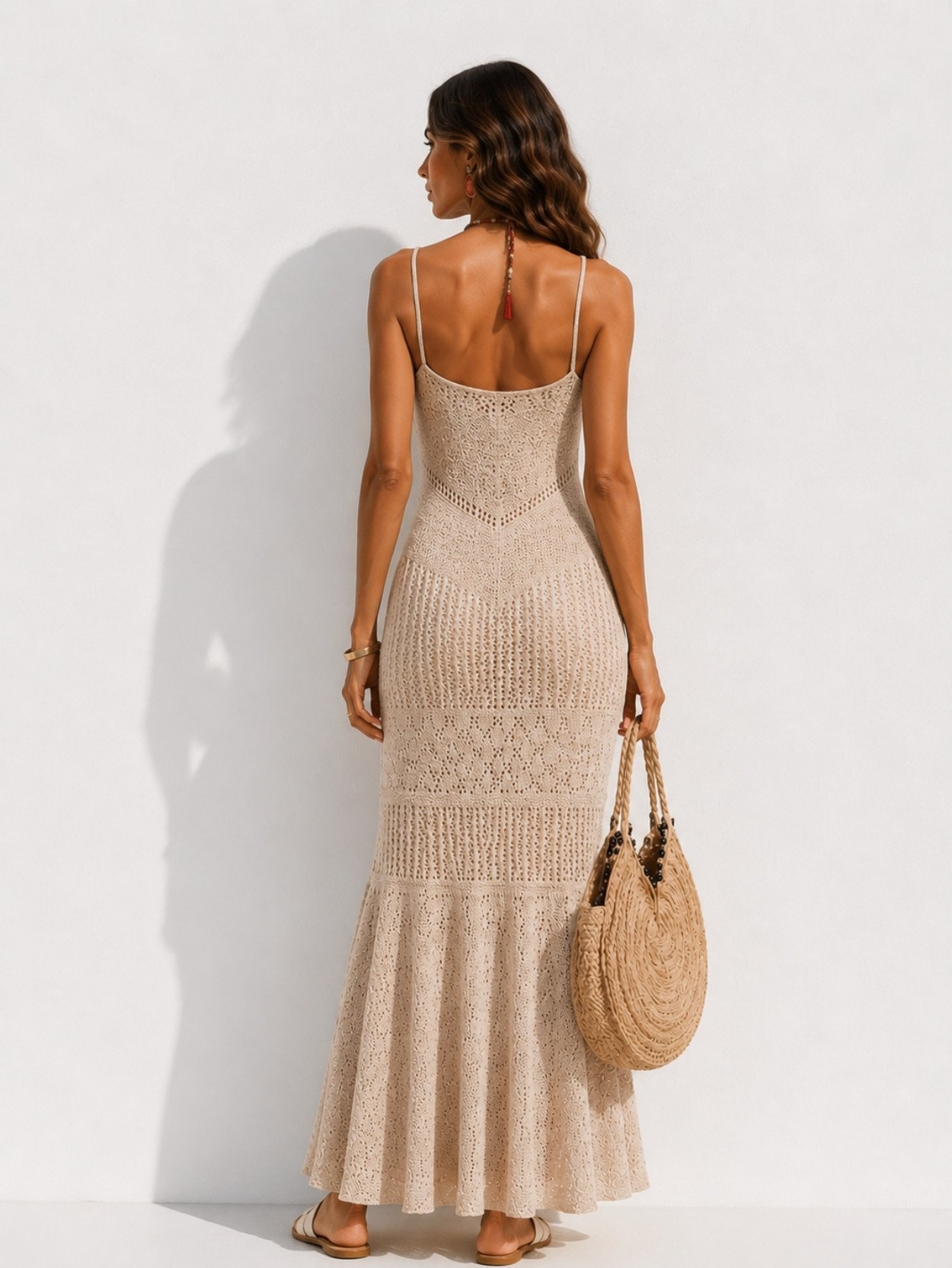 Beige Crochet Knit Mermaid Maxi Dress SK61711 - Image 3