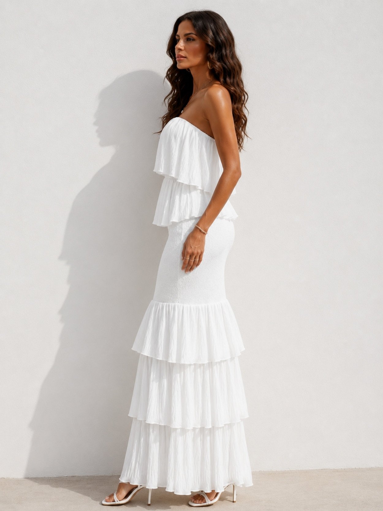 White Strapless Tiered Mermaid Maxi Dress SK61704 - Image 3