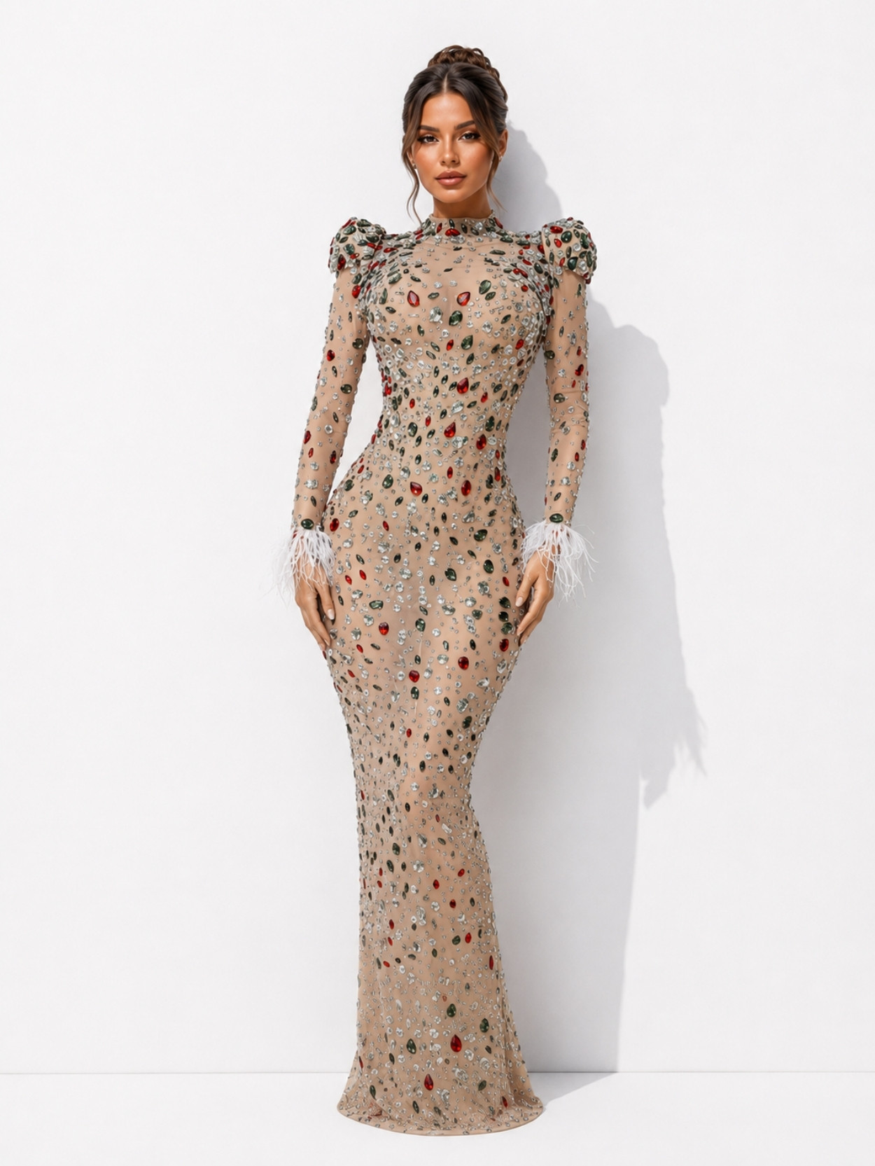 Silver Crystal Embellished Sheath Evening Maxi Dress SK61993