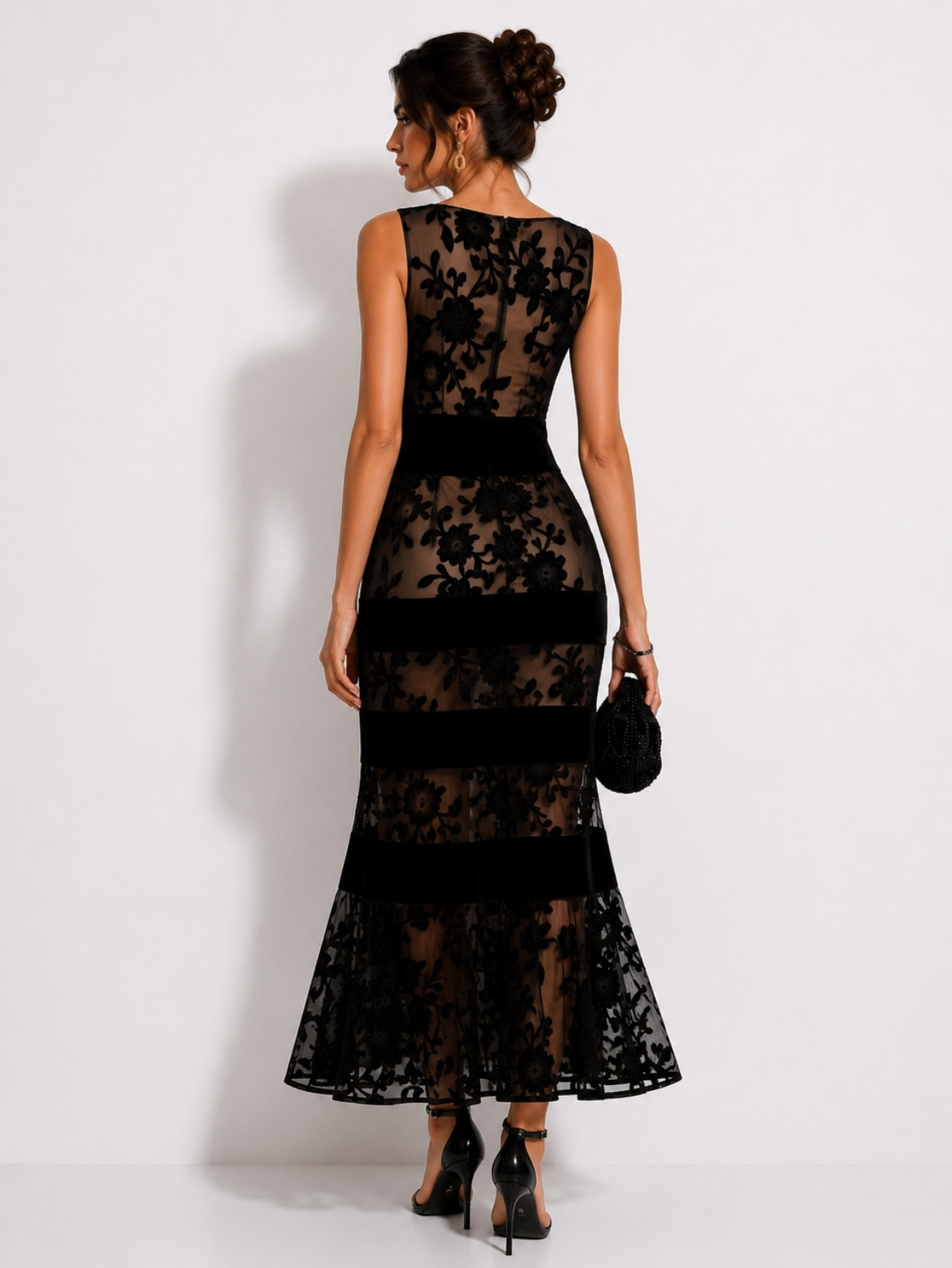 Black Floral Embroidered Mesh Midi Dress SK61908 - Image 5