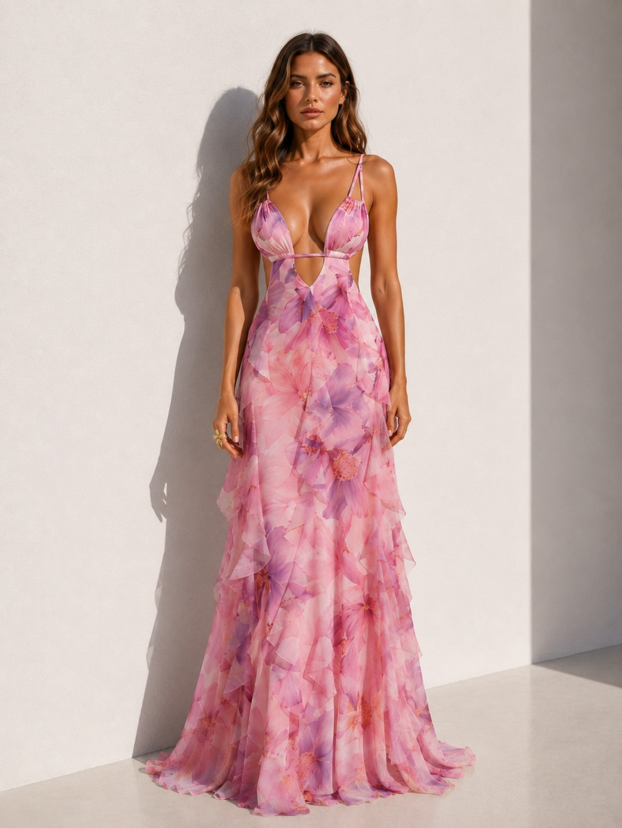 Blush Pink Floral Print Cutout Maxi Dress SK62036