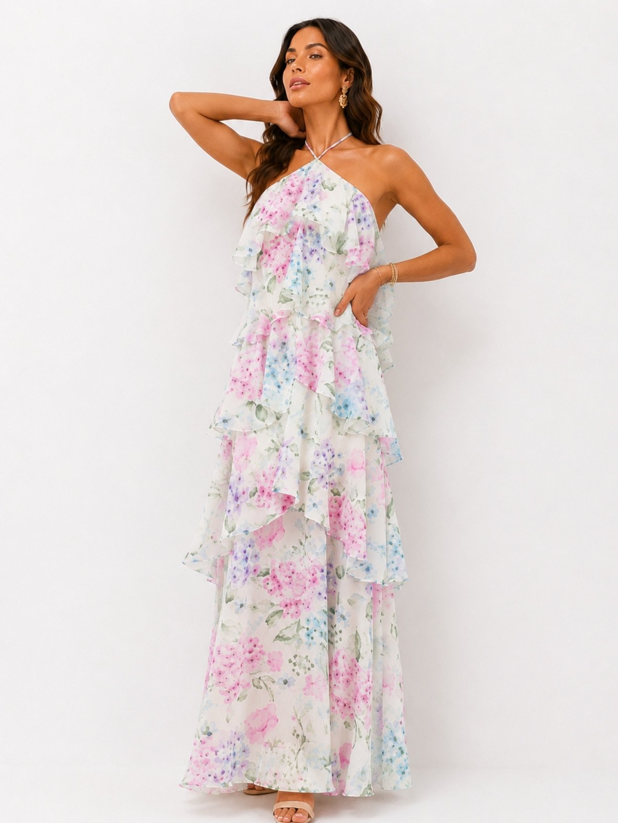 Light Blue Floral Tiered Halter Maxi Dress SK61751 - Image 2