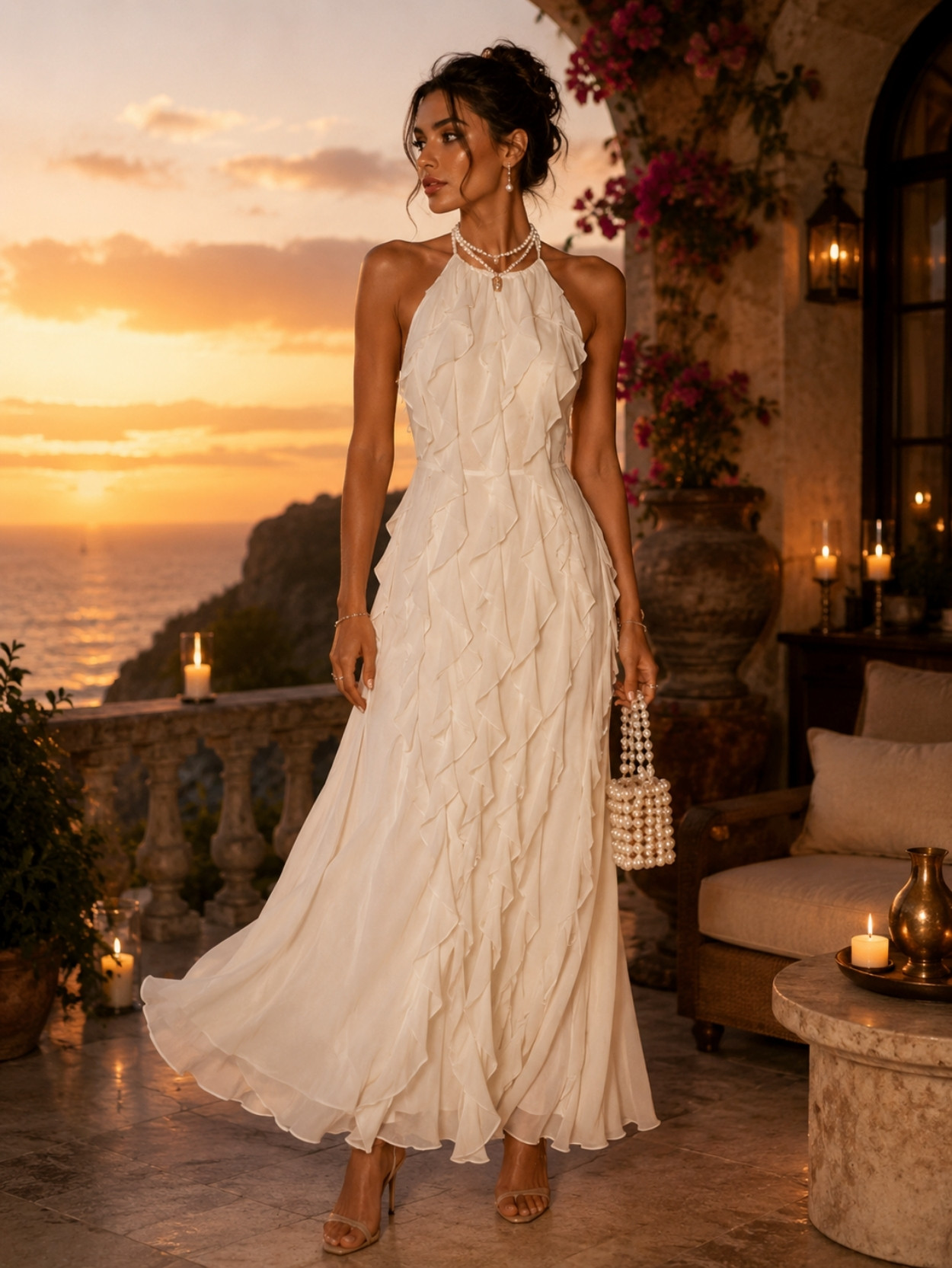 Ivory Halter Neck Tiered Ruffle Maxi Dress SK61829 - Image 5