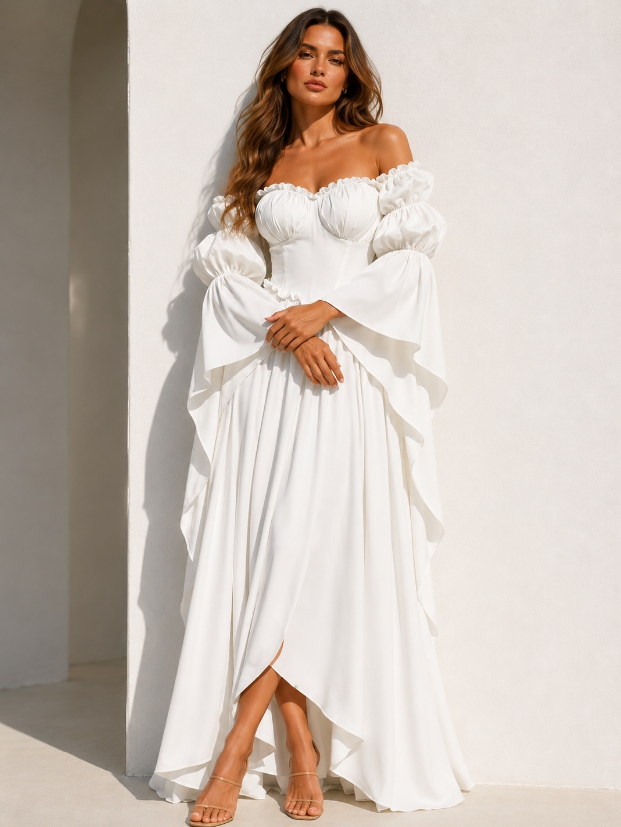 White Off Shoulder Puff Sleeve Maxi Dress SK61758