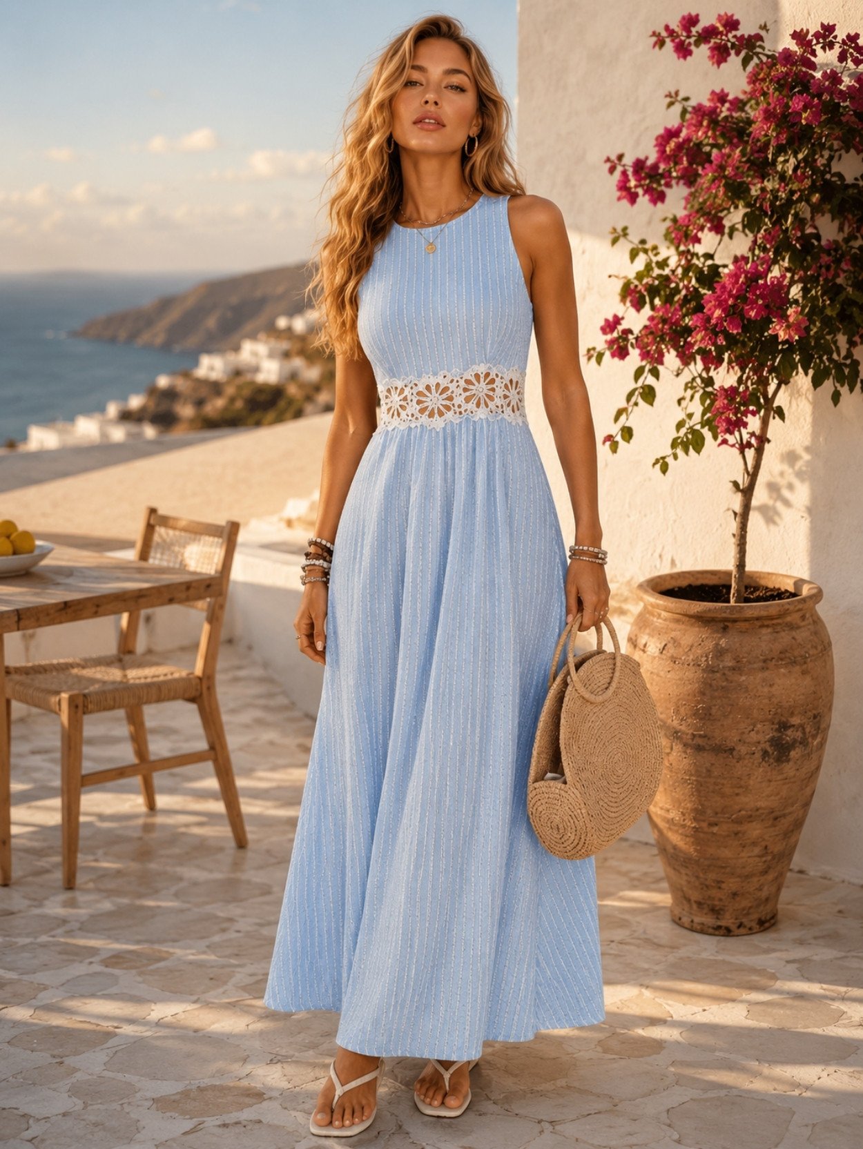 Light Blue Pleated Lace Waist Maxi Dress SK61719 - Image 5