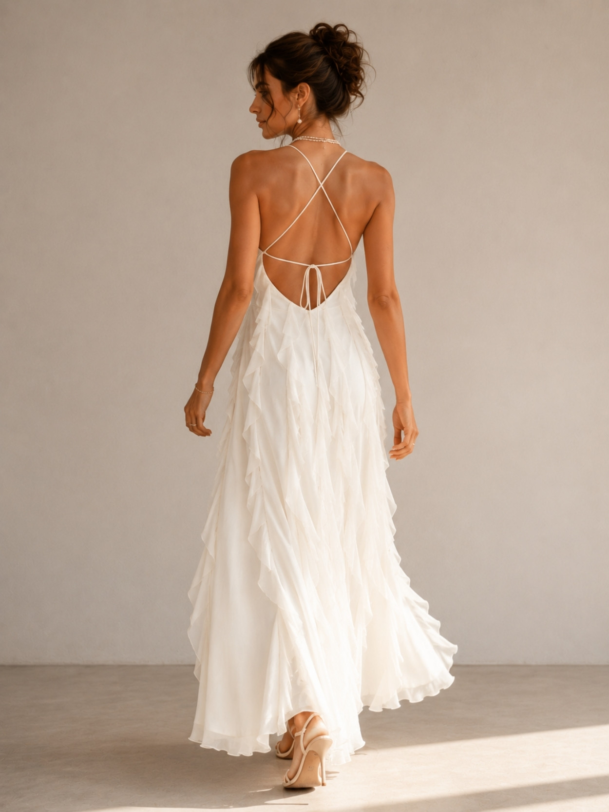 Ivory Halter Neck Tiered Ruffle Maxi Dress SK61829 - Image 4