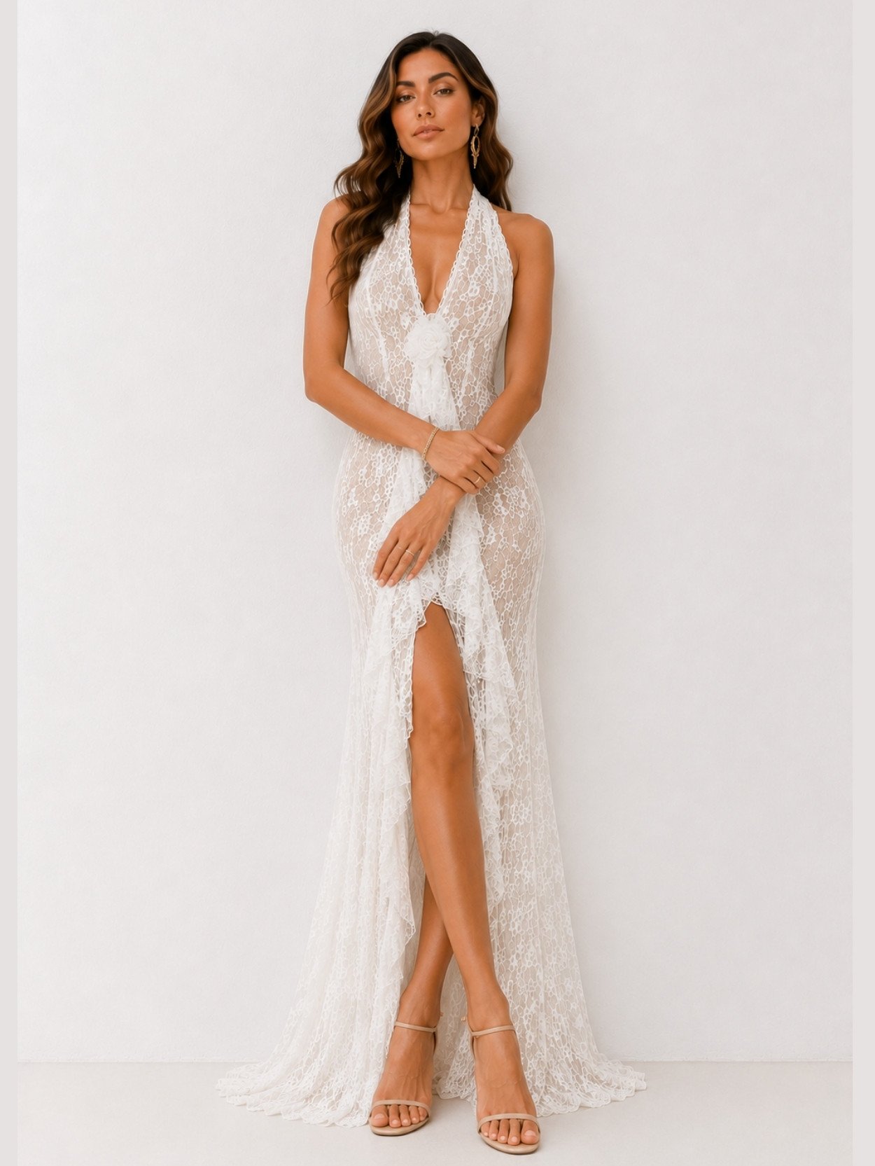 Ivory Floral Lace Halter Maxi Dress SK61744 - Image 2