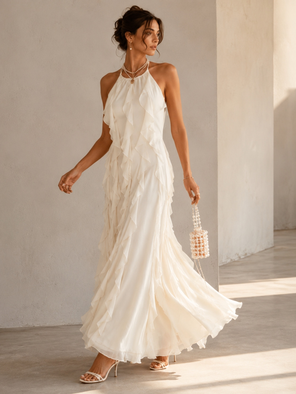 Ivory Halter Neck Tiered Ruffle Maxi Dress SK61829 - Image 2
