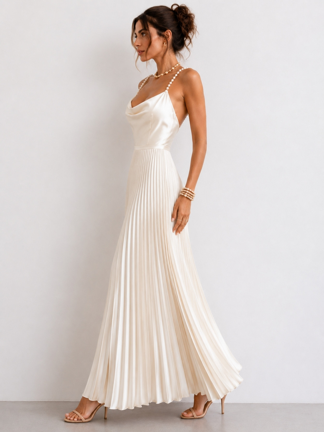 Ivory Pearl Strap Pleated Maxi Dress SK61858 - Image 2