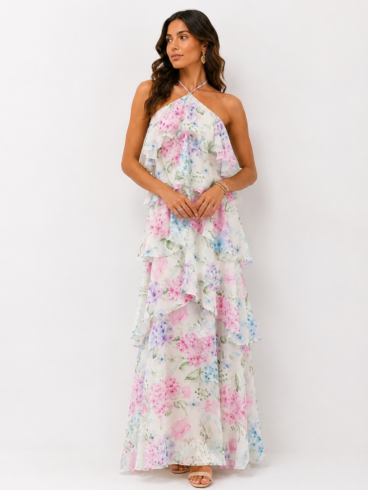 Light Blue Floral Tiered Halter Maxi Dress SK61751