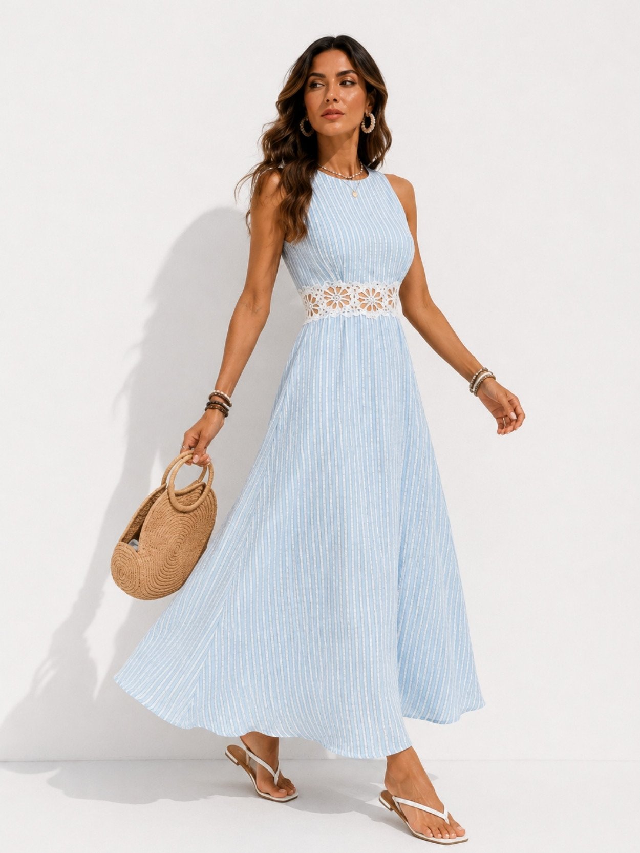 Light Blue Pleated Lace Waist Maxi Dress SK61719 - Image 2