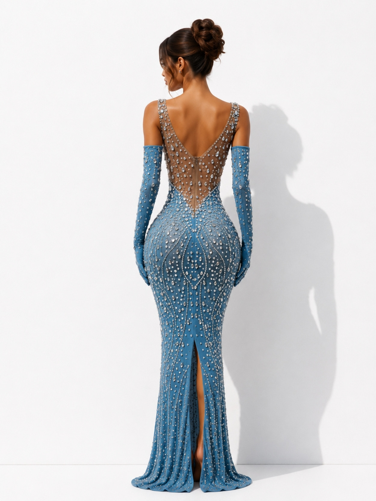 Sky Blue Pearl Embellished Mermaid Evening Maxi Dress SK61986 - Image 4