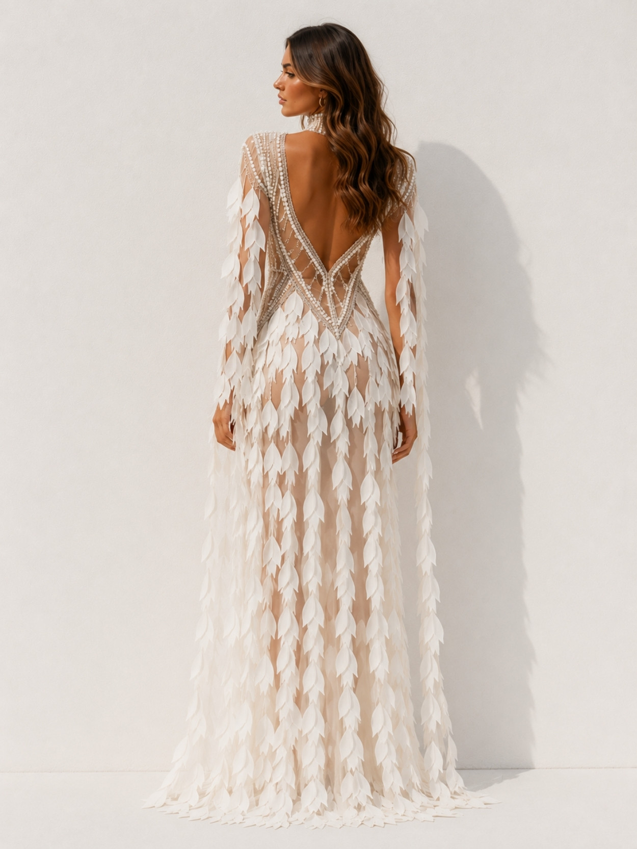 Ivory Leaf Embellished Open Back Evening Maxi Dress SK61972 - Image 3