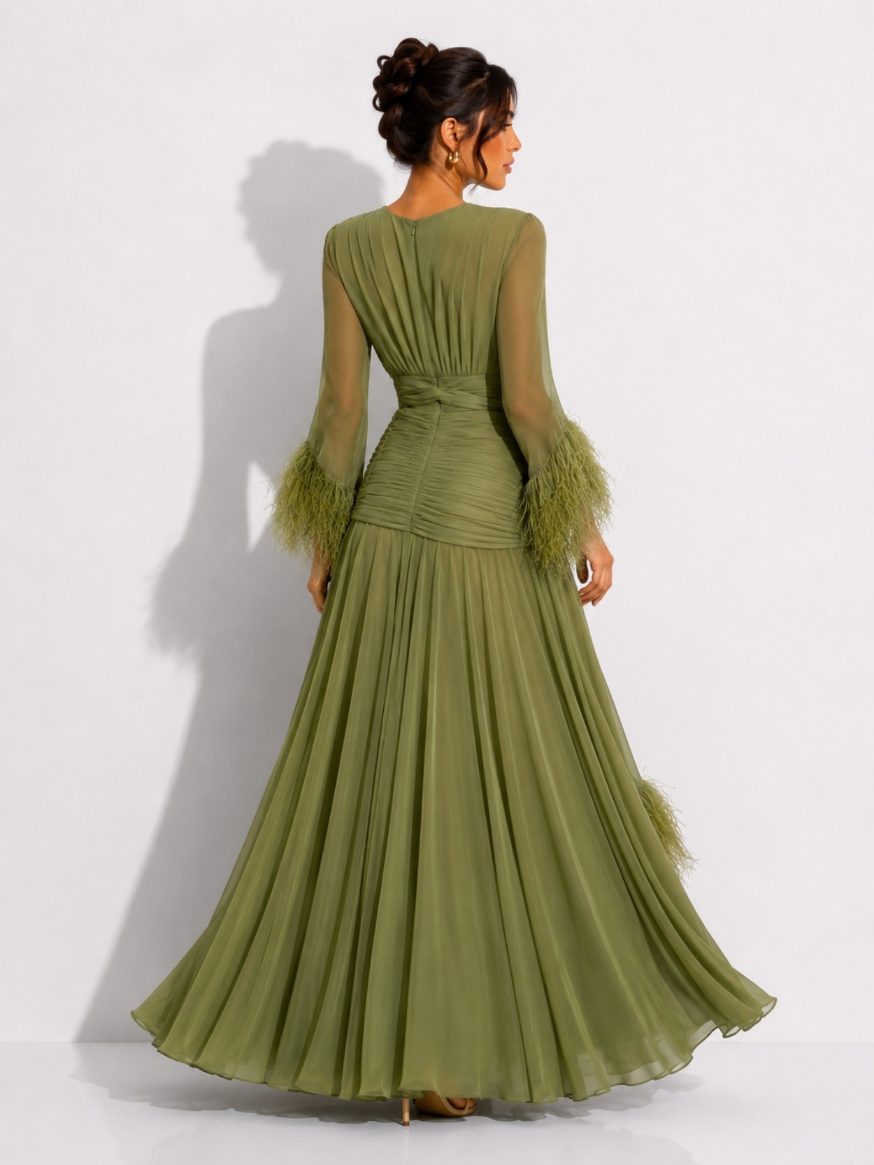 Olive Green Feather Cuff Chiffon Evening Maxi Dress SK61958 - Image 5