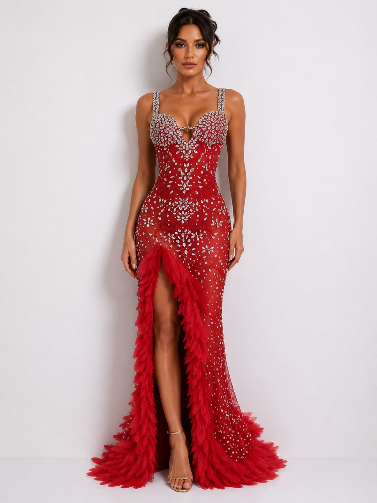 Red Crystal Feather Mermaid Evening Gown SK61881 - Image 2