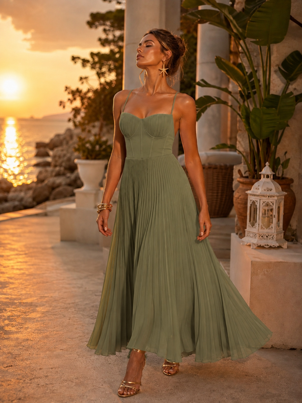 Olive Green Pleated Corset Maxi Dress SK61951 - Image 5