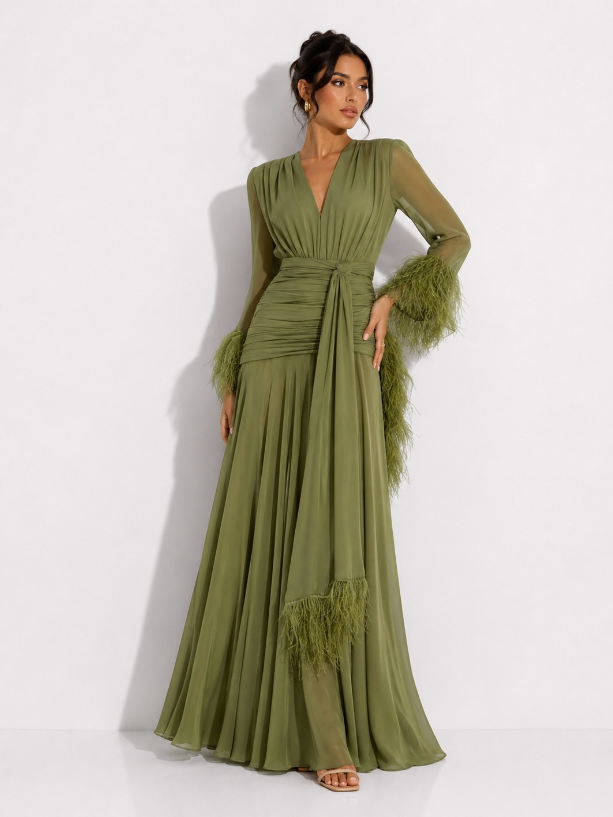 Olive Green Feather Cuff Chiffon Evening Maxi Dress SK61958