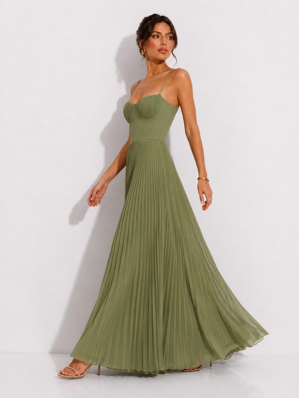 Olive Green Pleated Corset Maxi Dress SK61951 - Image 2