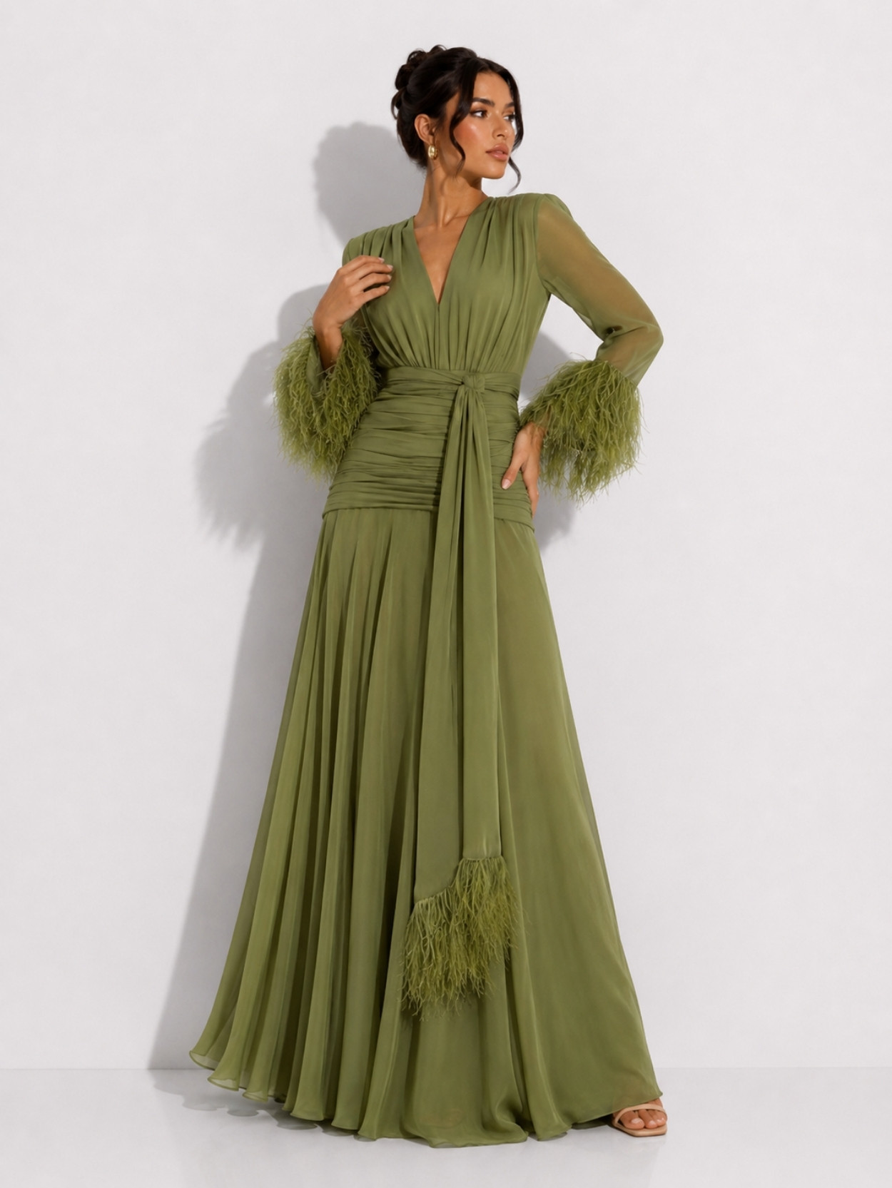 Olive Green Feather Cuff Chiffon Evening Maxi Dress SK61958 - Image 2