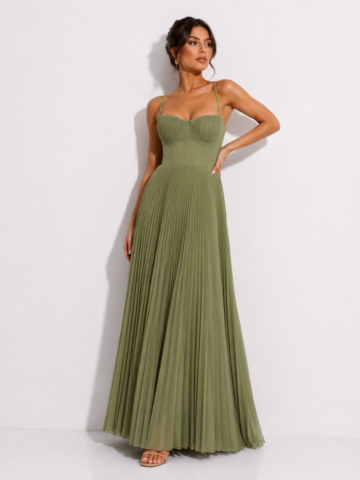 Olive Green Pleated Corset Maxi Dress SK61951