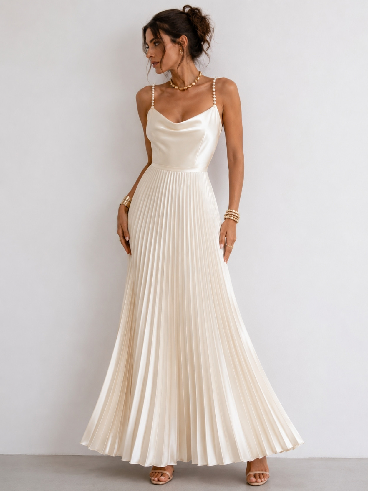 Ivory Pearl Strap Pleated Maxi Dress SK61858