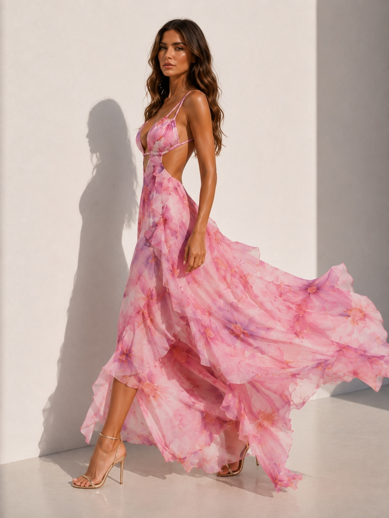 Blush Pink Floral Print Cutout Maxi Dress SK62036 - Image 2