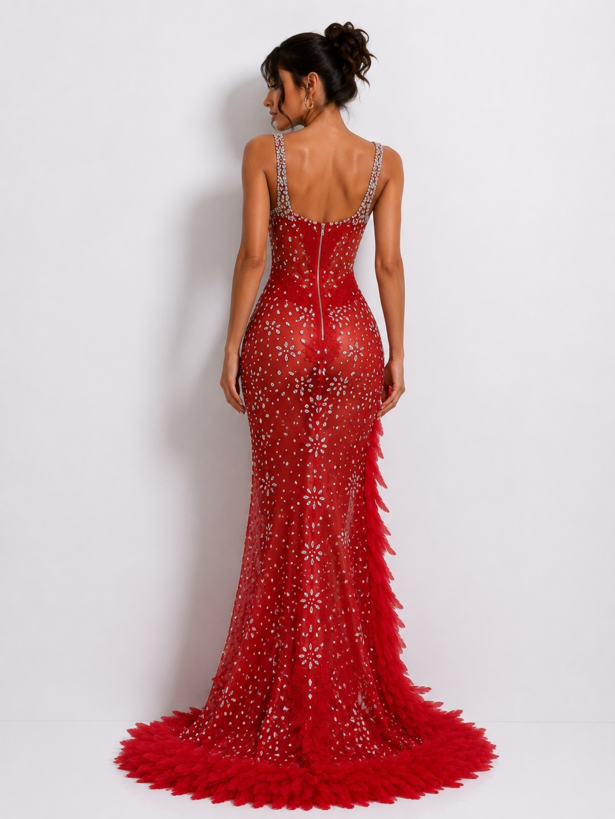 Red Crystal Feather Mermaid Evening Gown SK61881 - Image 4