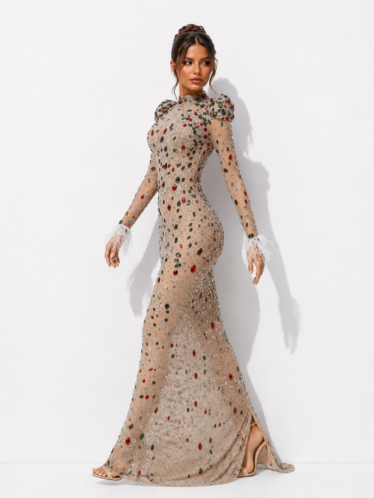 Silver Crystal Embellished Sheath Evening Maxi Dress SK61993 - Image 3