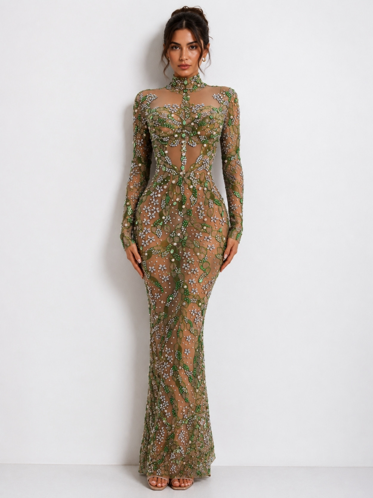 Crystal Embellished Illusion Mermaid Evening Gown SK61866