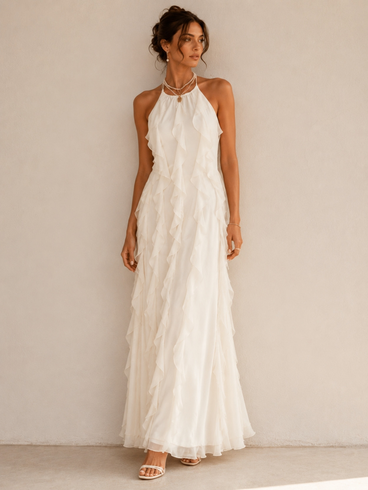 Ivory Halter Neck Tiered Ruffle Maxi Dress SK61829
