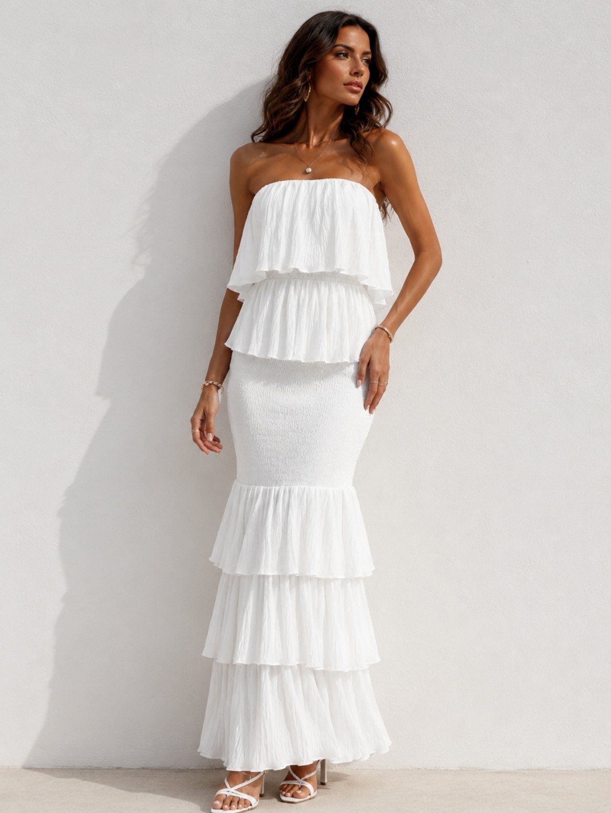 White Strapless Tiered Mermaid Maxi Dress SK61704 - Image 2