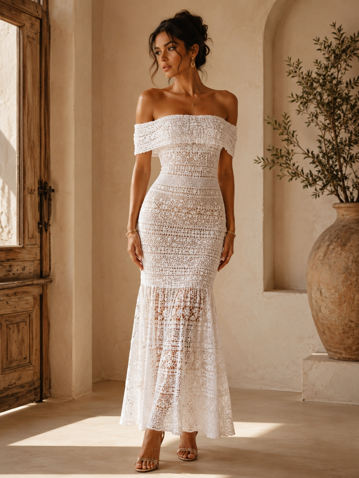 White Off Shoulder Lace Mermaid Maxi Dress SK61843 - Image 2