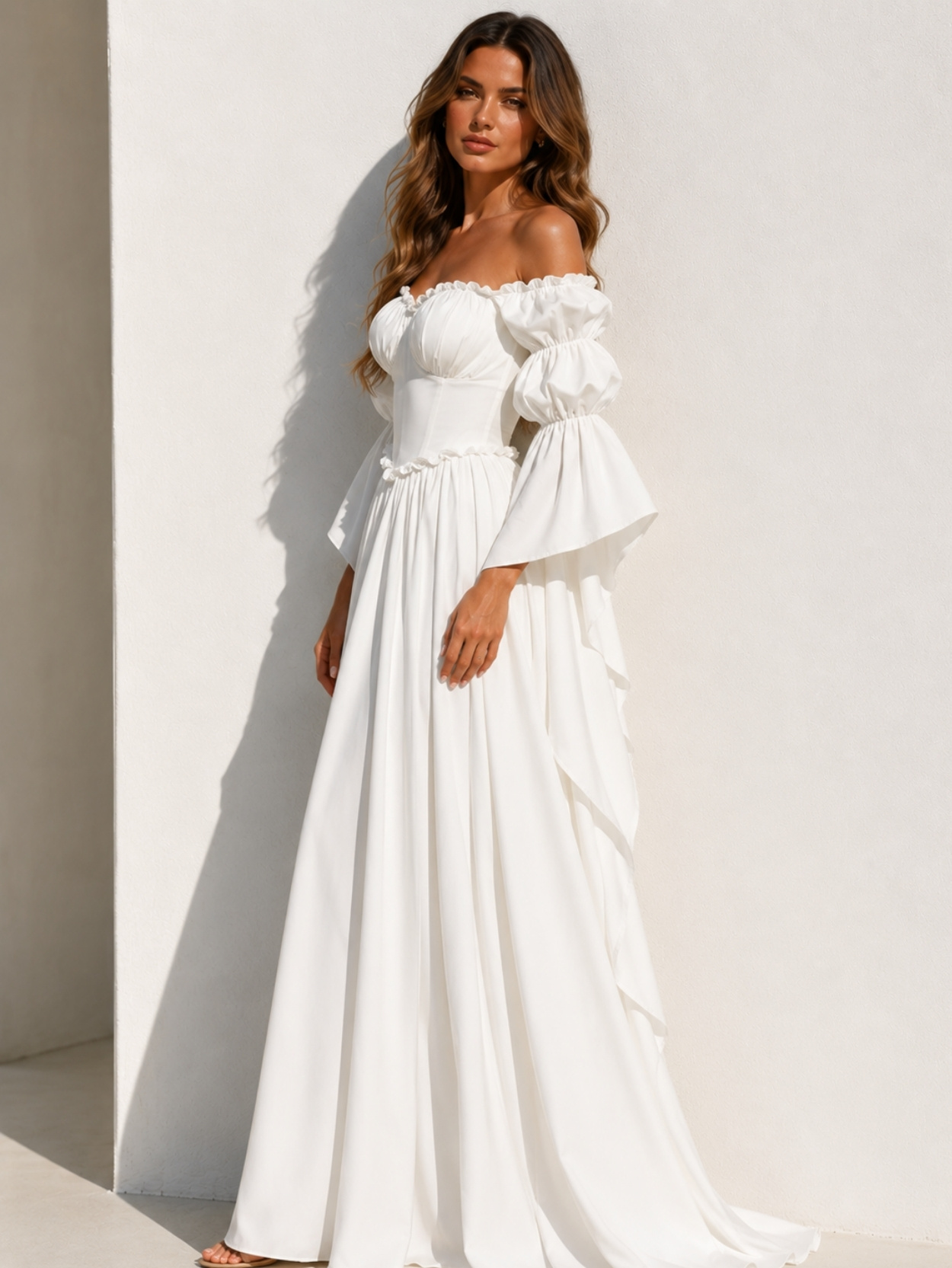 White Off Shoulder Puff Sleeve Maxi Dress SK61758 - Image 3