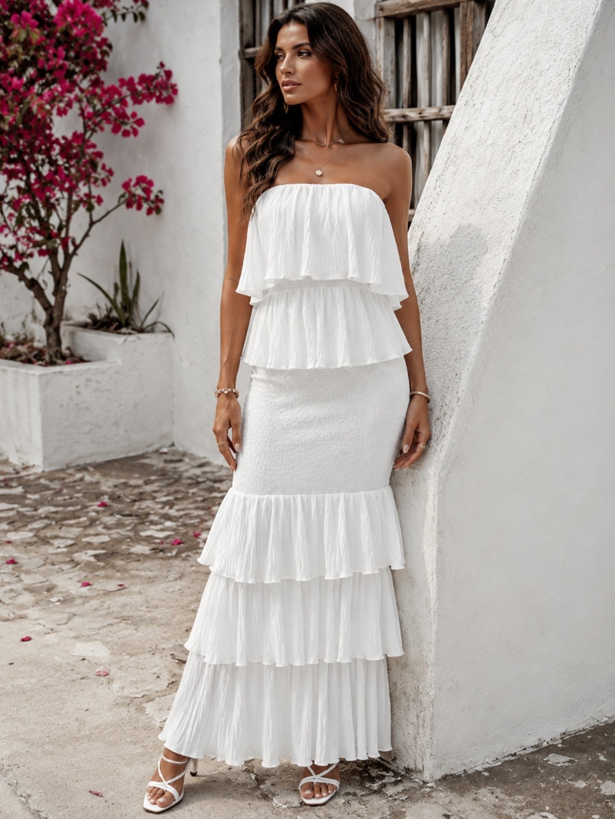 White Strapless Tiered Mermaid Maxi Dress SK61704