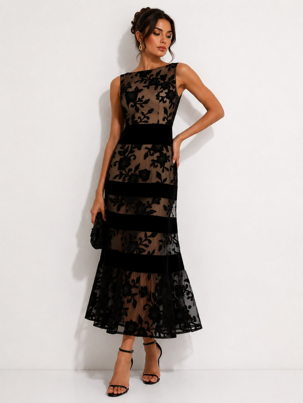 Black Floral Embroidered Mesh Midi Dress SK61908 - Image 3