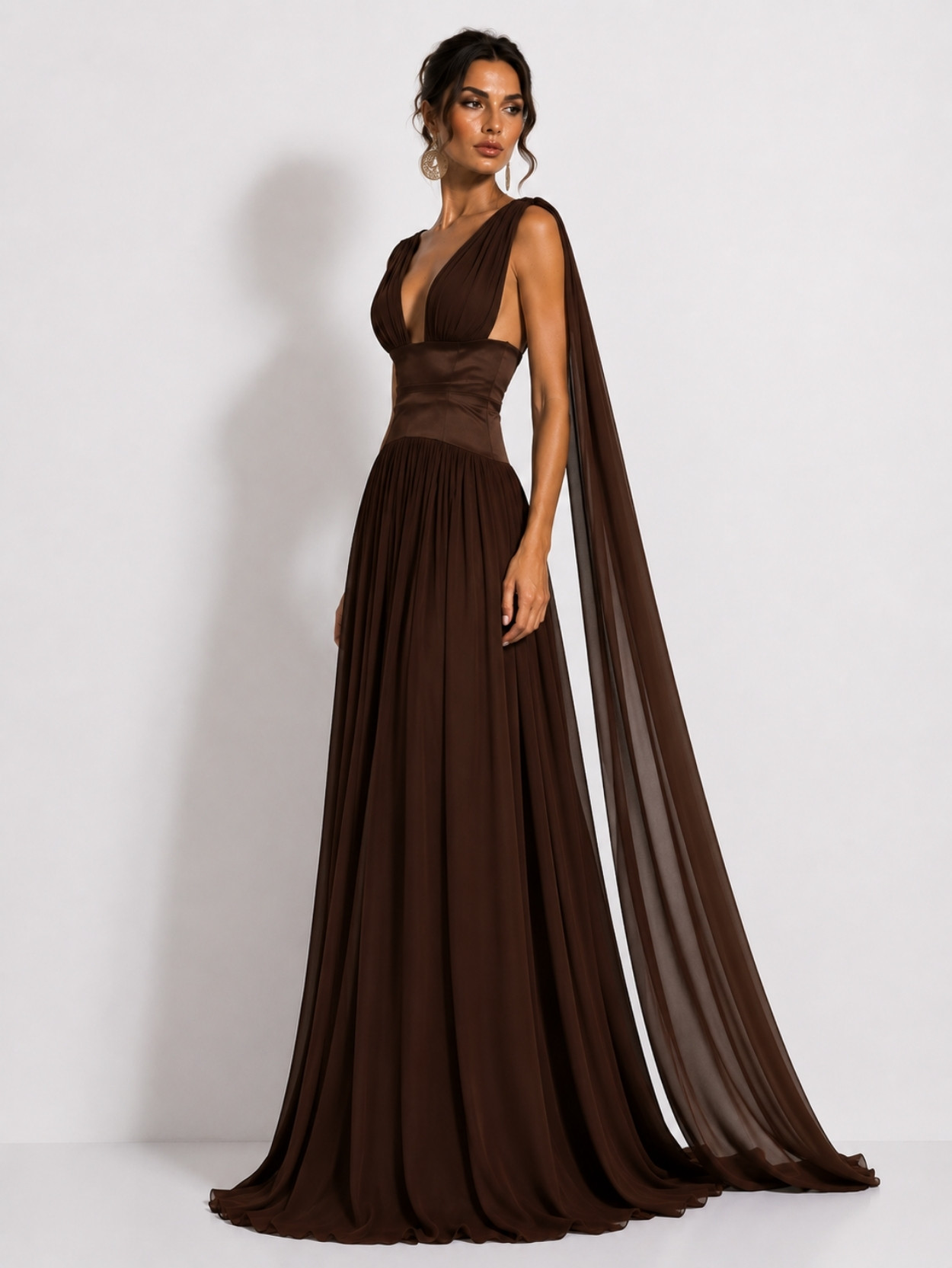 Chocolate Brown Plunge Neck Cape Sleeve Maxi Dress SK61922 - Image 3