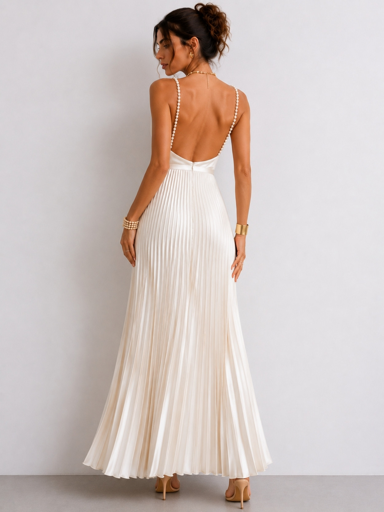Ivory Pearl Strap Pleated Maxi Dress SK61858 - Image 4