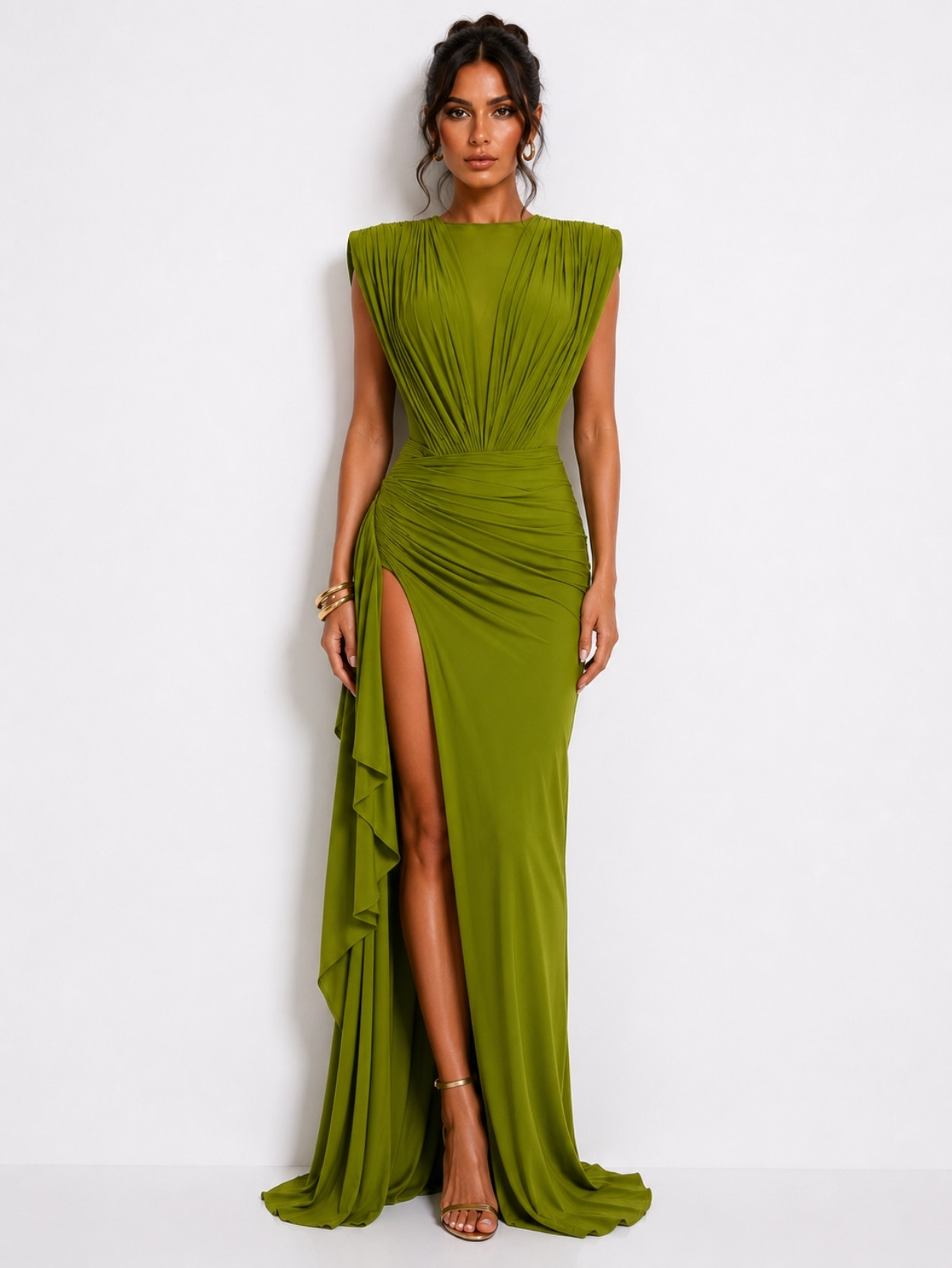 Olive Green Draped High Slit Evening Maxi Dress SK61894 - Image 2