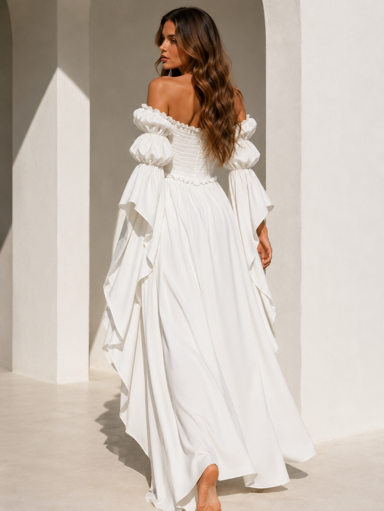 White Off Shoulder Puff Sleeve Maxi Dress SK61758 - Image 4