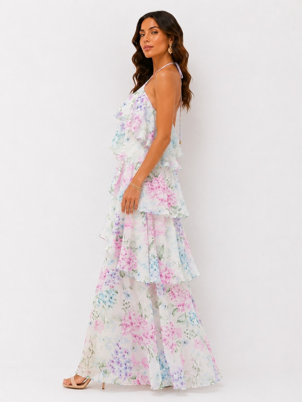Light Blue Floral Tiered Halter Maxi Dress SK61751 - Image 3
