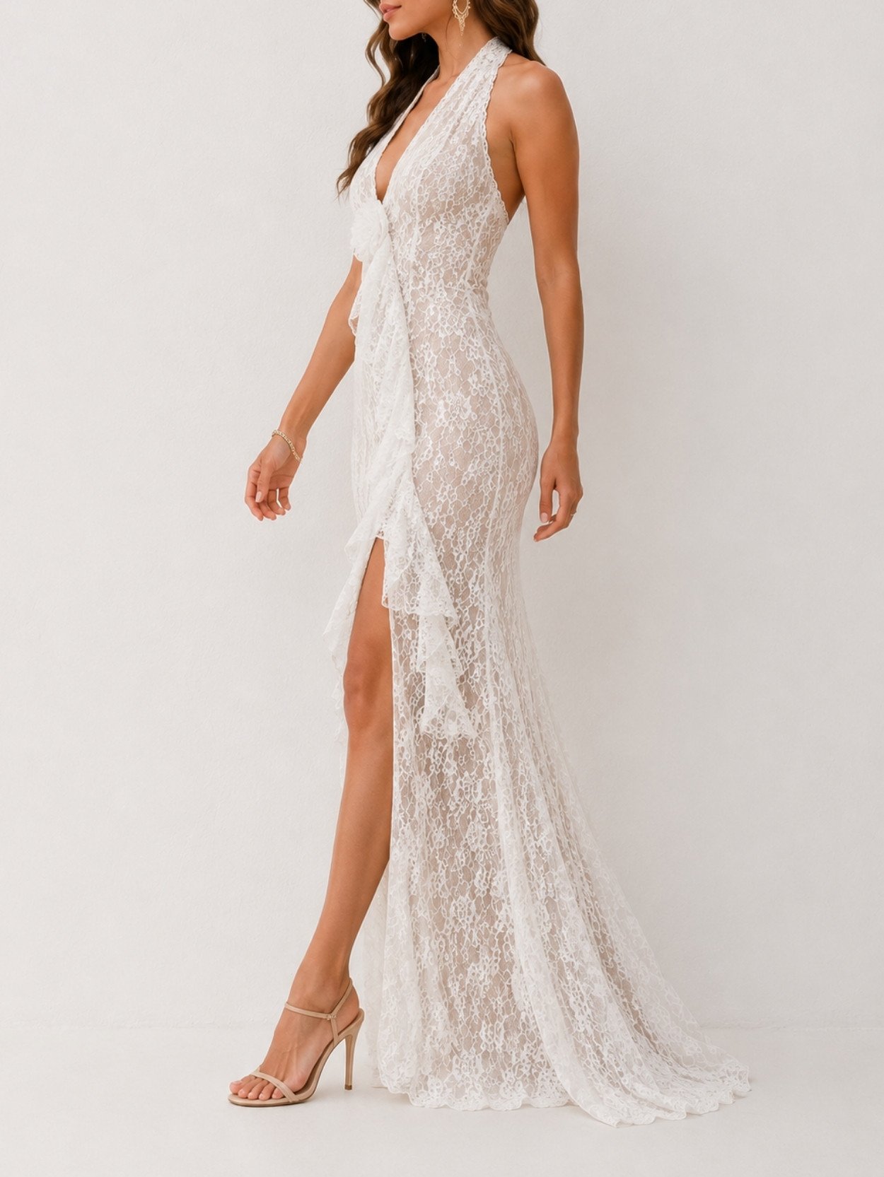 Ivory Floral Lace Halter Maxi Dress SK61744 - Image 4