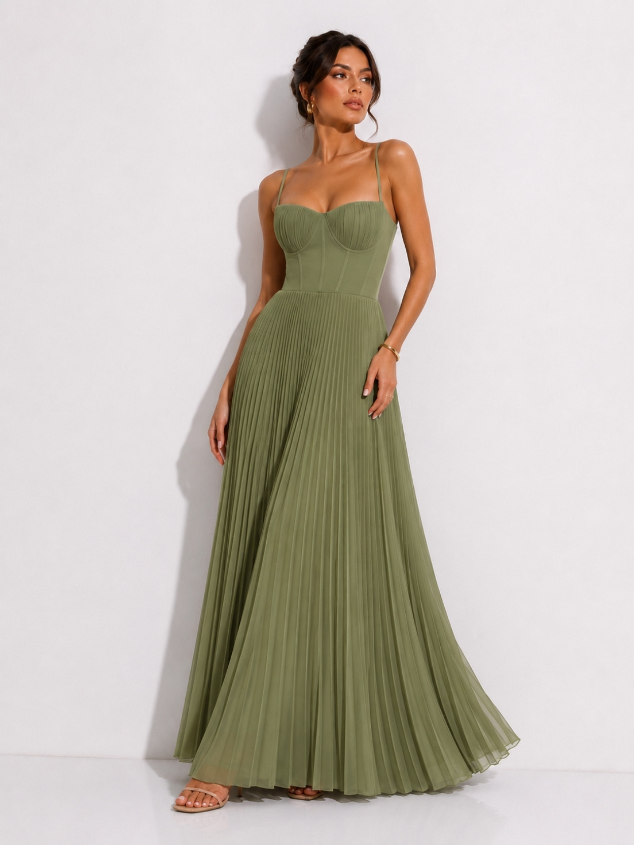 Olive Green Pleated Corset Maxi Dress SK61951 - Image 3