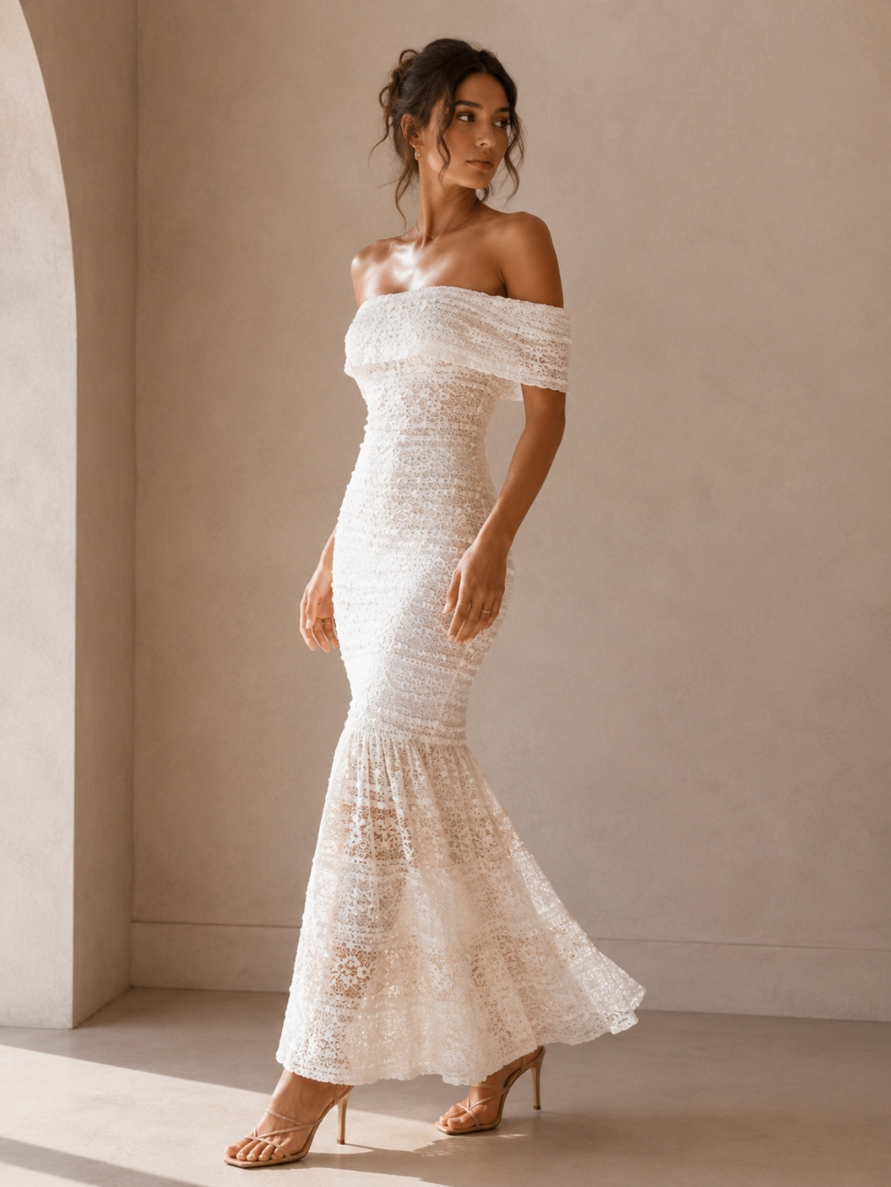 White Off Shoulder Lace Mermaid Maxi Dress SK61843 - Image 5