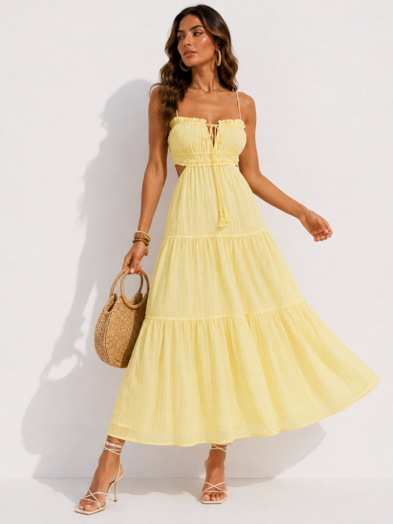 Yellow Tiered Smocked Maxi Sundress SK61726