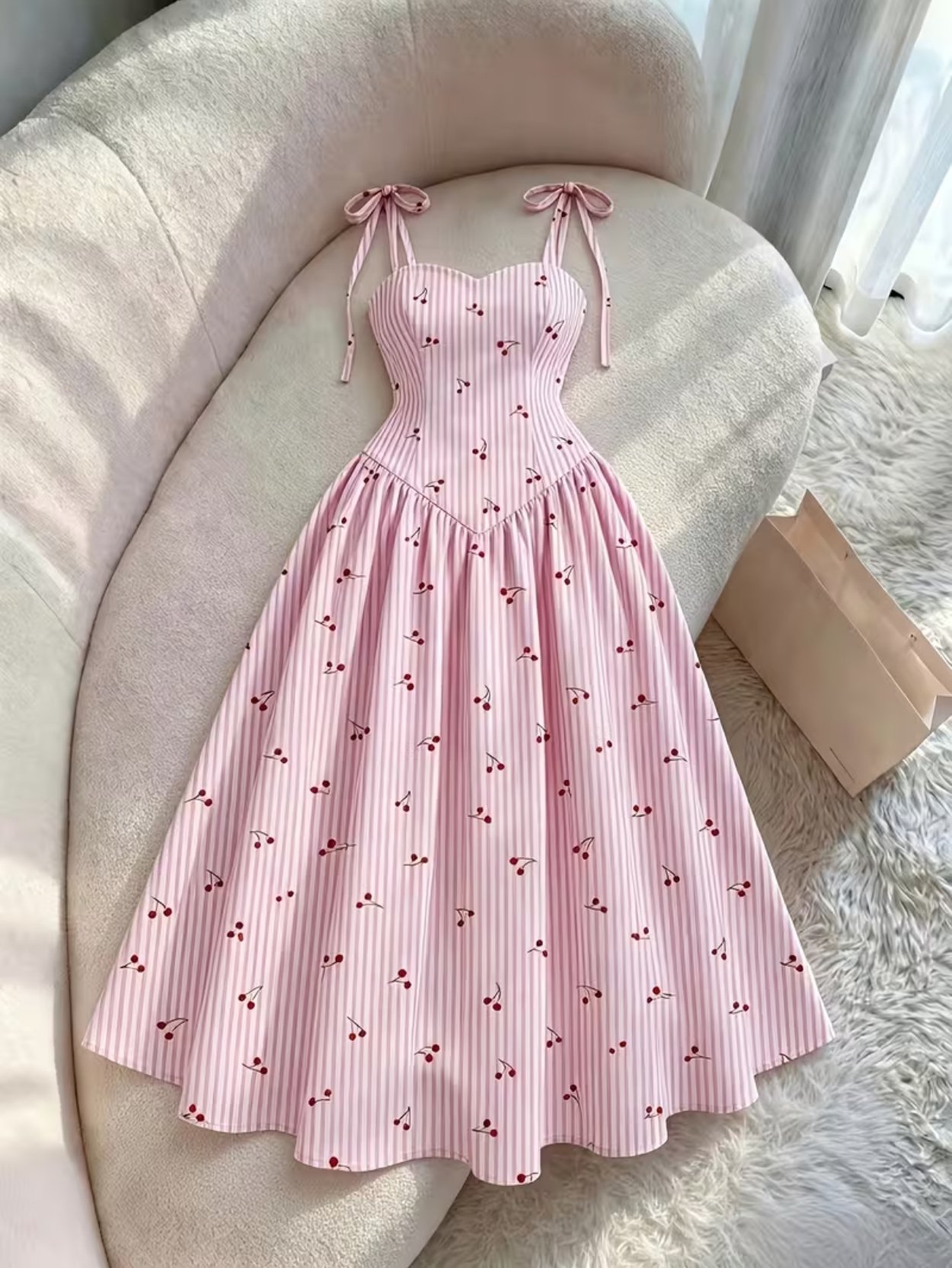 Cherry Stripe Bow Strap Midi Dress SK62211 - Image 6