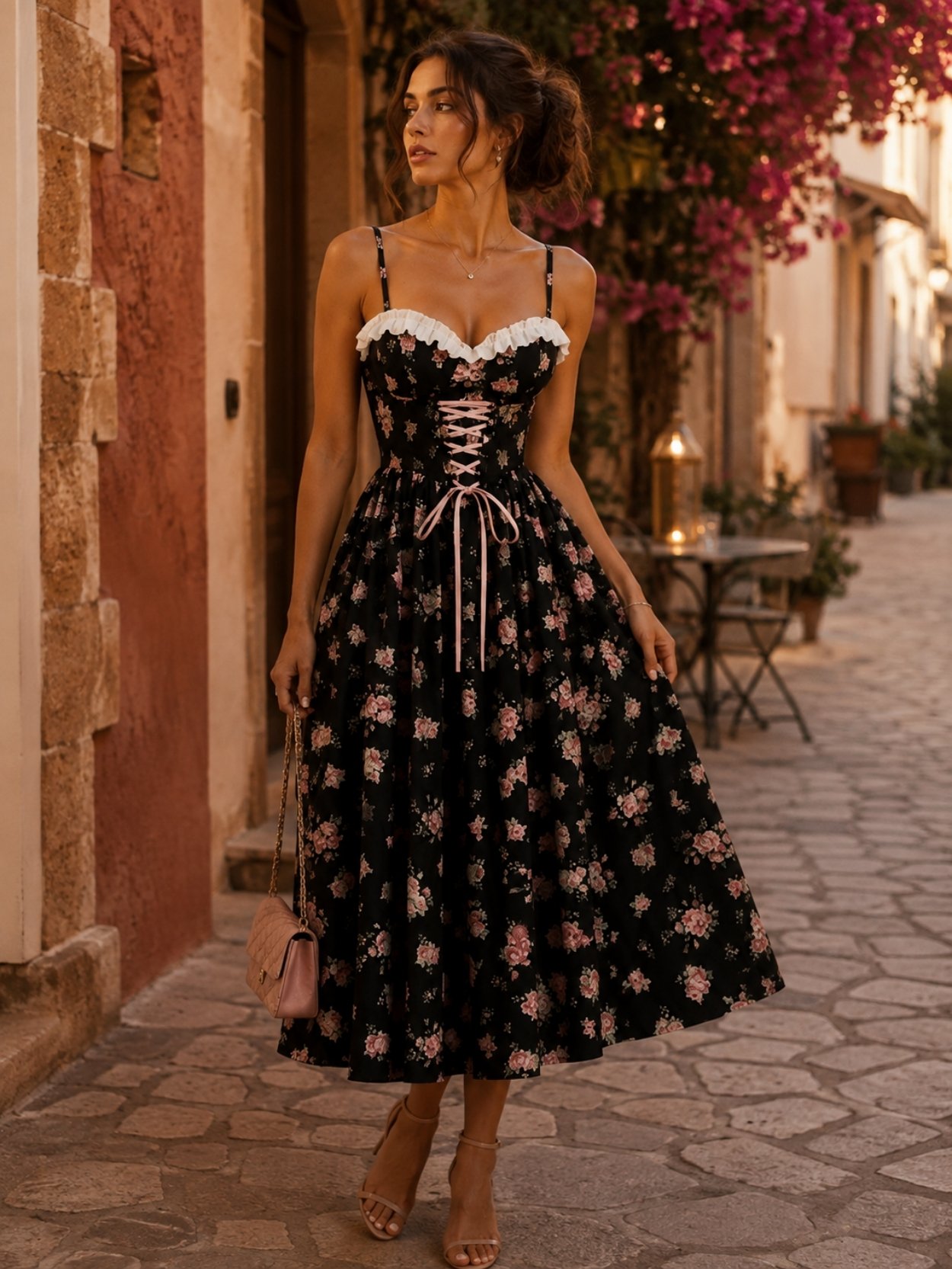 Black Floral Corset Midi Dress with Lace Trim SK62222 - Image 4