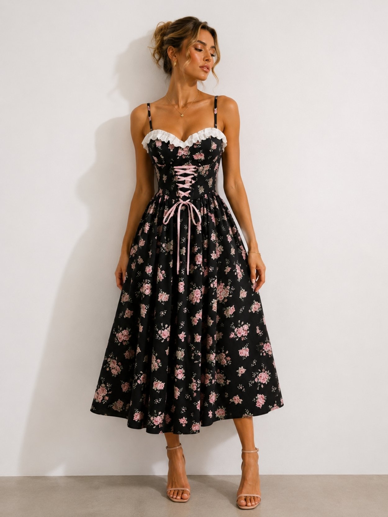 Black Floral Corset Midi Dress with Lace Trim SK62222